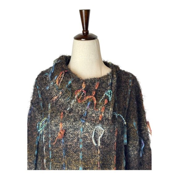 Chico's Sweater Women Large Brown‎ Ribbon Chunky Knit Cowl Neck Fuzzy Cozy - Picture 3 of 8